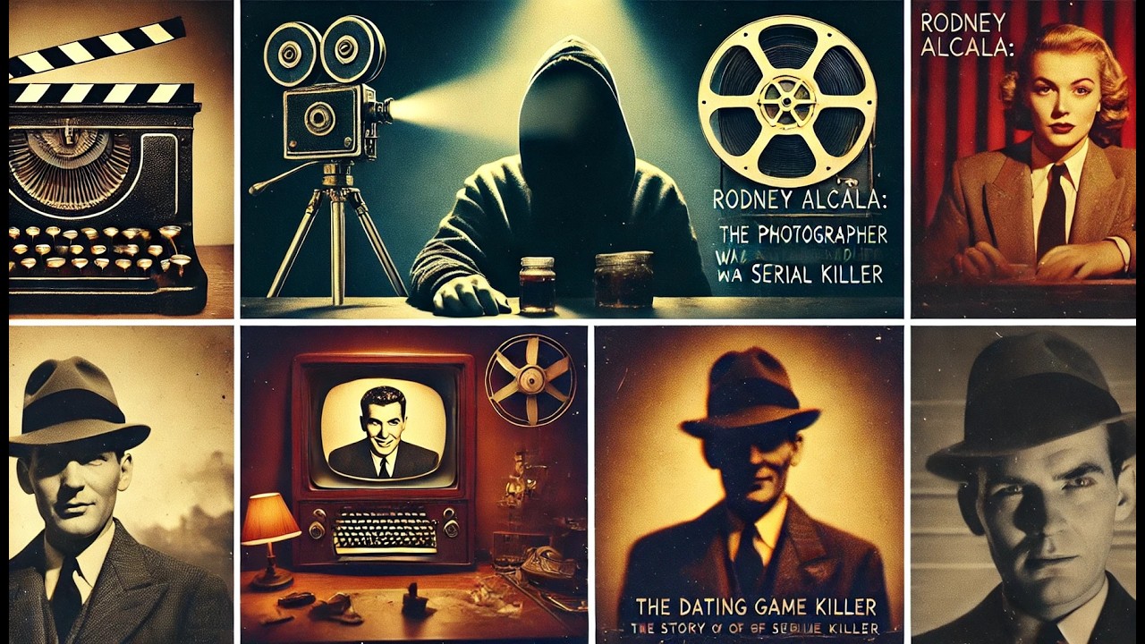 Koláž s historickým filmovým vybavením, postavou v kápi a několika vyobrazeními muže v obleku a fedora klobouku s textem odkazujícím na Rodneyho Alcalu, zabijáka seznamovacích her.
